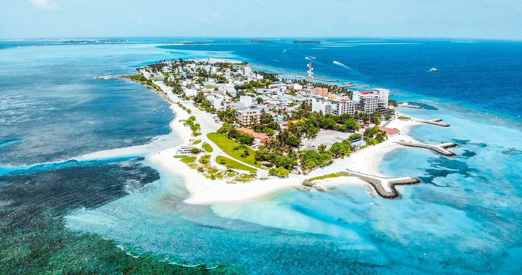 Aerial view of Maafushi Island in South Male Atoll